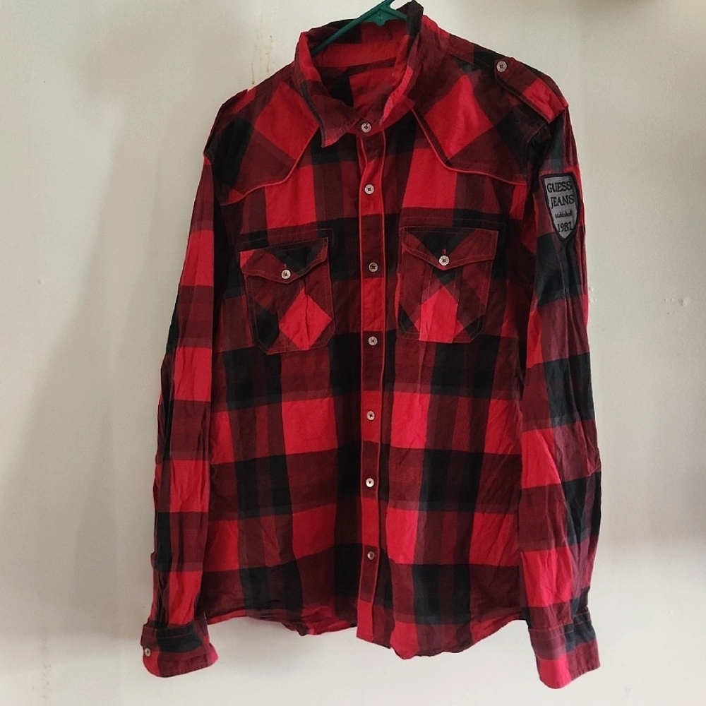 Mens 2XL Guess Red and Black Plaid Shirt